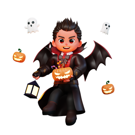 Vampiro sosteniendo calabaza aterradora  3D Illustration