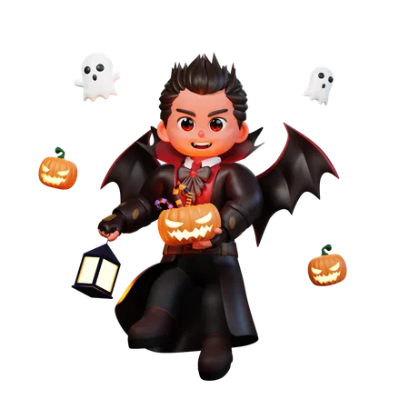 Vampiro sosteniendo calabaza aterradora  3D Illustration