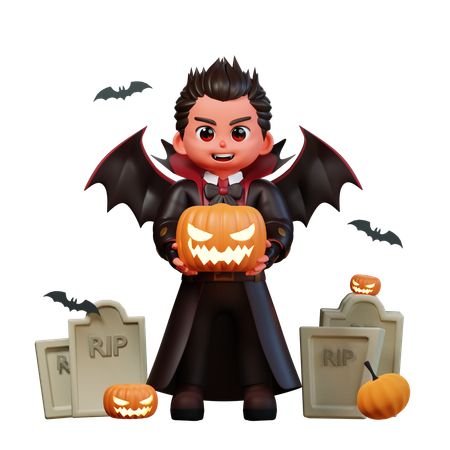 Vampiro sosteniendo calabaza aterradora  3D Illustration