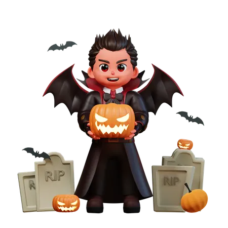 Vampiro sosteniendo calabaza aterradora  3D Illustration