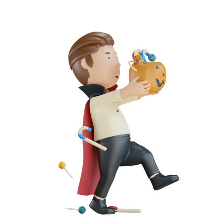 Vampiro sosteniendo calabaza con dulces mientras camina  3D Icon