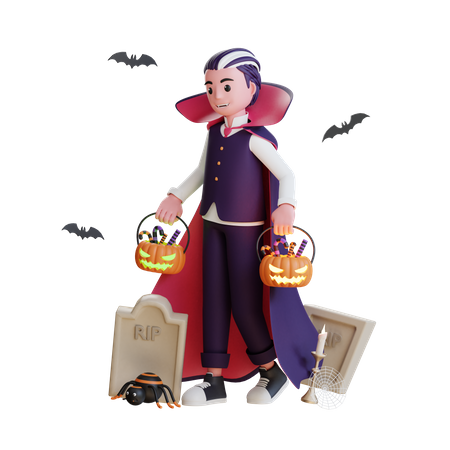 Vampiro sosteniendo calabazas aterradoras con chocolates  3D Illustration