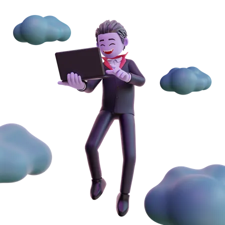 Vampiro sosteniendo la computadora portátil  3D Illustration