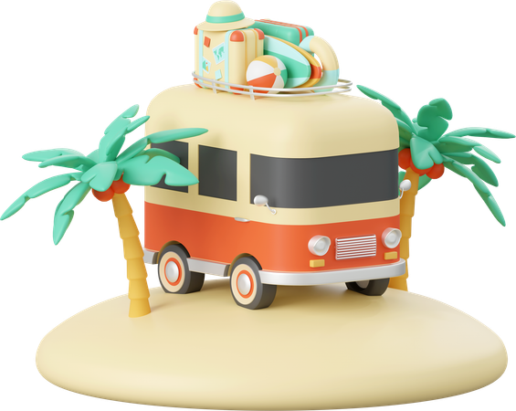 Van de verão com acessórios de praia  3D Illustration