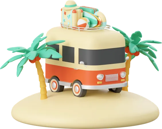 Van de verão com acessórios de praia  3D Illustration