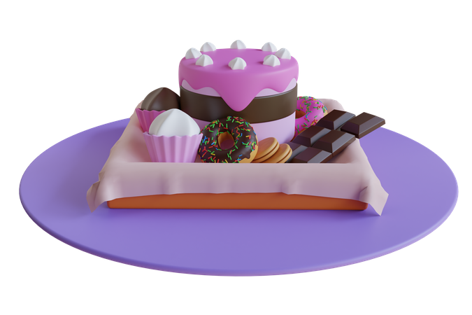 Variedad de dulces que incluyen chocolate y pastel.  3D Illustration