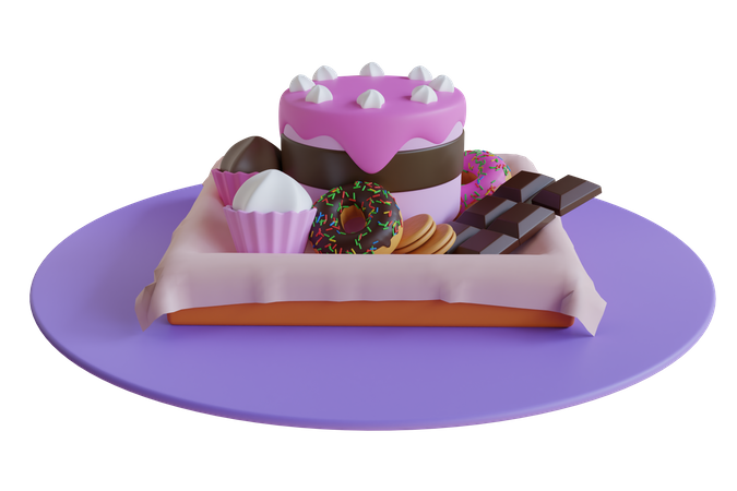 Variety of sweet food including chocolate and cake  3D Illustration