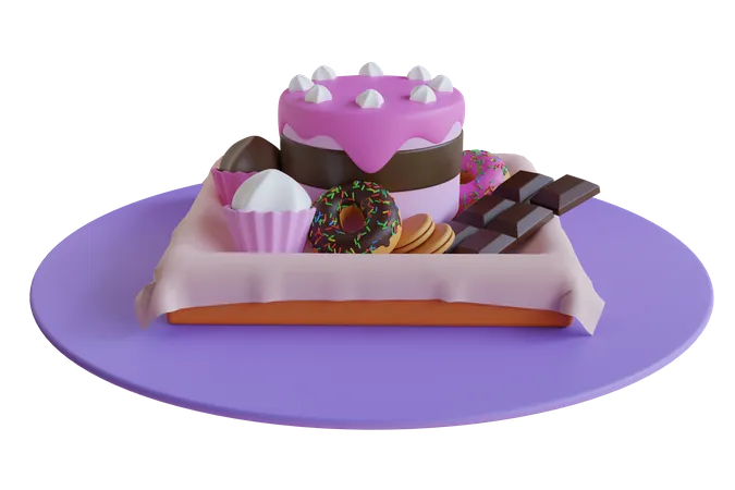 Variety of sweet food including chocolate and cake  3D Illustration