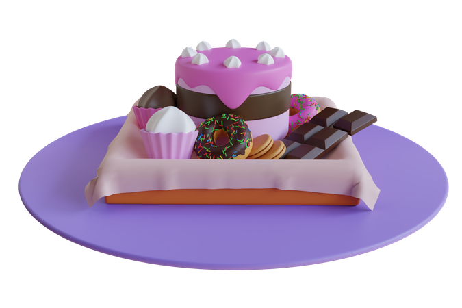 Variety of sweet food including chocolate and cake 3D Illustration