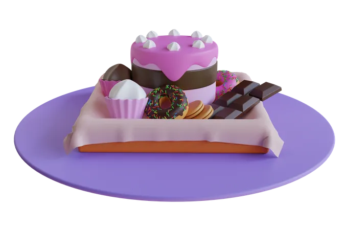 Variety of sweet food including chocolate and cake 3D Illustration