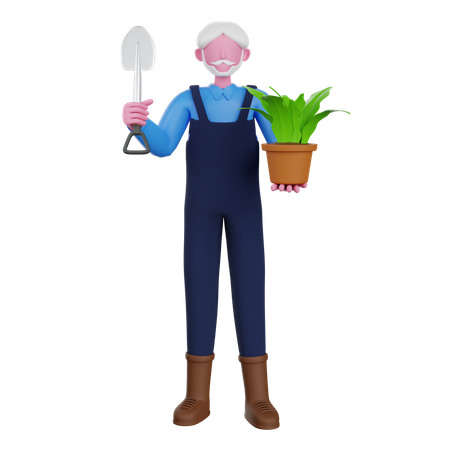 Agricultor segurando vaso de planta  3D Illustration