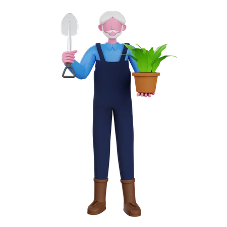 Agricultor segurando vaso de planta  3D Illustration