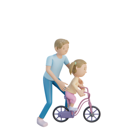 Vater bringt Tochter Radfahren bei  3D Illustration