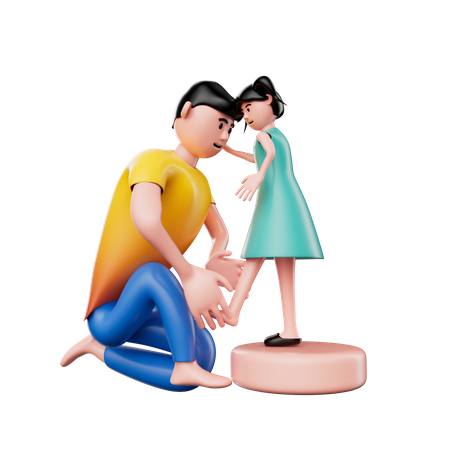 Vater hilft Tochter, Schuhe anzuziehen  3D Illustration