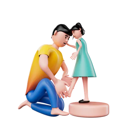 Vater hilft Tochter, Schuhe anzuziehen  3D Illustration