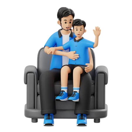 Sitzender Vater hält Kind  3D Illustration