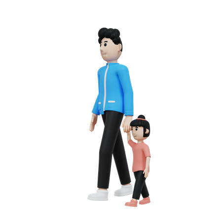 Vater und seine Tochter gehen Händchen haltend  3D Illustration