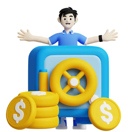 This 3 D Icon Shows A Person Standing In Front Of A Vault With Dollar Coins Representing Financial Security Savings And Investment Protection 3D Icon