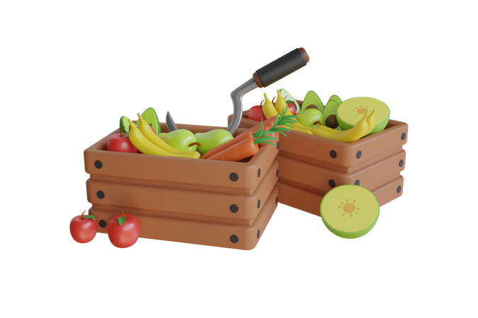 Vegetables And Fruits Bucket  3D Illustration