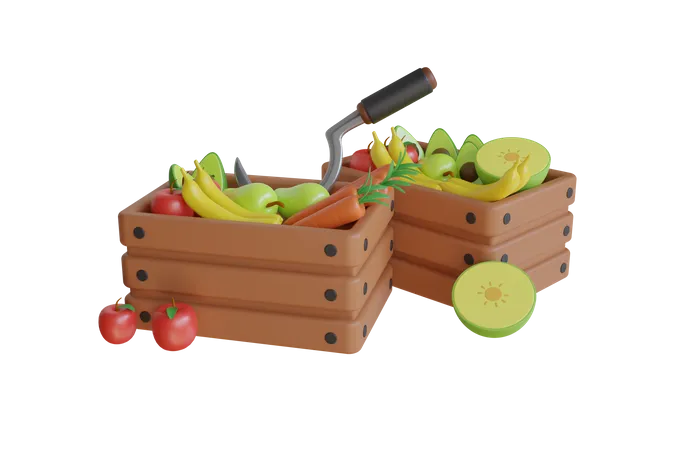 Vegetables And Fruits Bucket  3D Illustration