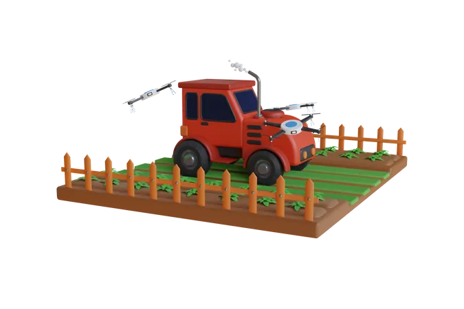 Ilustracion 3 D Del Concepto De Agricultura Inteligente Tractor En Terreno Con Pradera Agricola Y Cultivos Granja Con Tractor Y Drone Ilustracion 3 D 3D Illustration