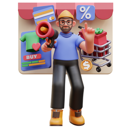 Personaje masculino que promociona las ventas de compras en línea  3D Illustration