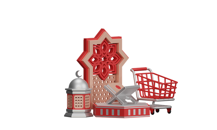 Venta De Ramadán Con Carro Y Adorno De Mezquita  3D Illustration