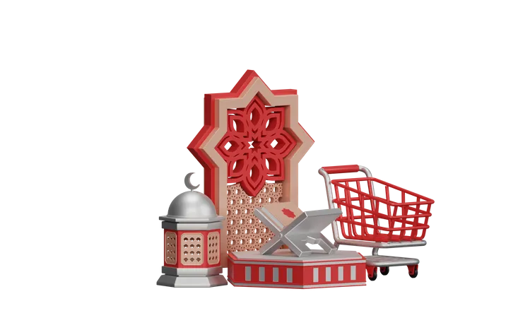 Venta De Ramadán Con Carro Y Adorno De Mezquita  3D Illustration