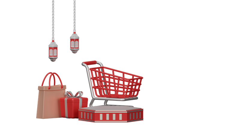 Vente Ramadan Avec Chariot Et Sac Shopping  3D Illustration