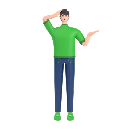 Verwirrter Junge mit offener Handfläche, die Platz zum Kopieren zeigt und die Hand auf dem Kopf hält  3D Illustration