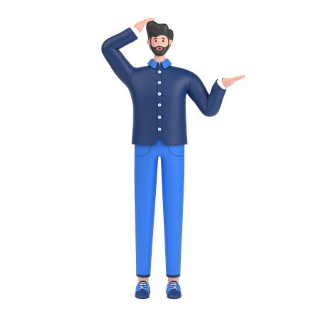 Verwirrter Mann mit offener Handfläche, die Platz zum Kopieren zeigt und die Hand auf dem Kopf hält  3D Illustration