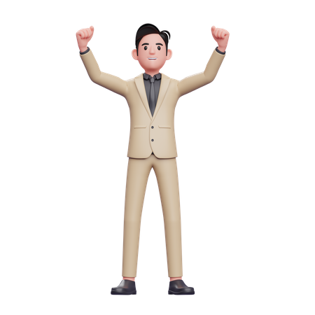 Very excited young Businessman celebrating victory with raised hands 3D Illustration