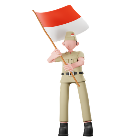 Veterano indonesio con bandera del país  3D Illustration