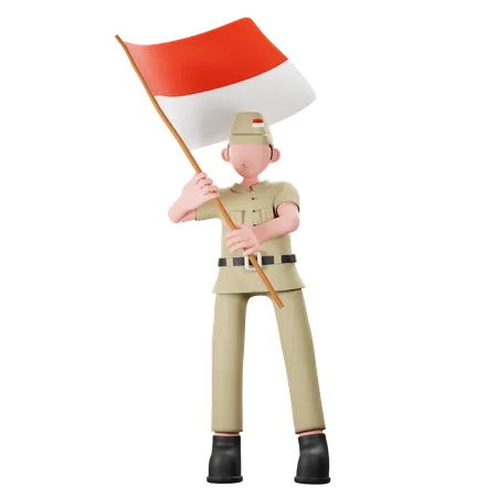 Veterano indonesio con bandera del país  3D Illustration