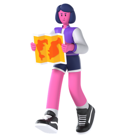 Viagem de garota usando mapa  3D Icon