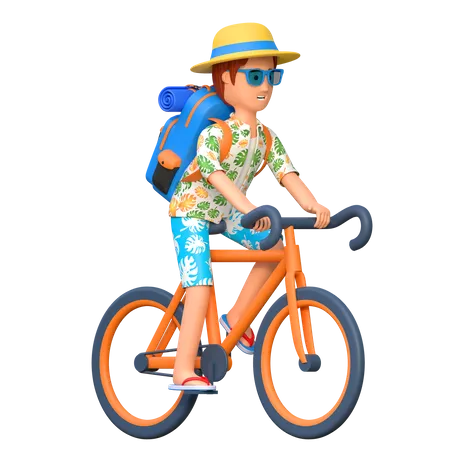 Homem De Viagem Andando De Bicicleta Com Mochila Carregando Ferias De Verao Acenando Com A Mao Ilustracao De Personagem De Desenho Animado 3 D 3D Illustration