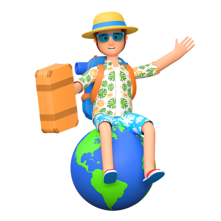Viajero sentado sobre el globo terráqueo  3D Illustration