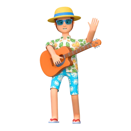 Viajero tocando la guitarra  3D Illustration