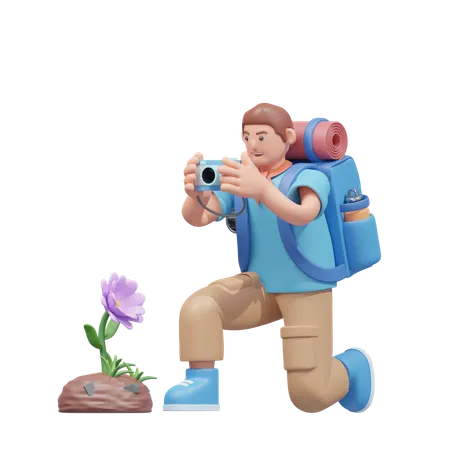 Viajero tomando fotografía de flores  3D Illustration