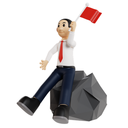 Victorious Businessman With Achievement Flag  3D Illustration