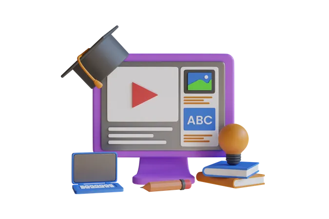 3 D Illustration Of Online Education Online Education Webinar University School Digital Classes Web Background With Laptop Books Online Video Tutorial E Learning Web Courses Concept 3D Illustration