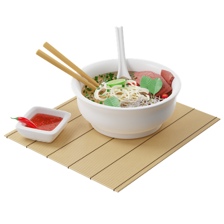 Vietnamese Pho Bo soup with beef, rice noodles on a bamboo mat and served with fish sauce  3D Illustration