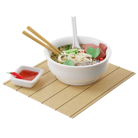 Vietnamese Pho Bo soup with beef, rice noodles on a bamboo mat and served with fish sauce  3D Illustration