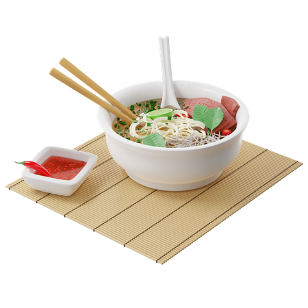 Vietnamese Pho Bo soup with beef, rice noodles on a bamboo mat and served with fish sauce  3D Icon