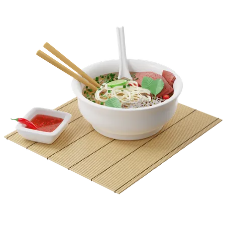 Vietnamese Pho Bo soup with beef, rice noodles on a bamboo mat and served with fish sauce 3D Illustration
