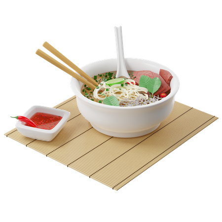 Vietnamesische Pho Bo-Suppe mit Rindfleisch, Reisnudeln auf einer Bambusmatte und serviert mit Fischsauce  3D Illustration
