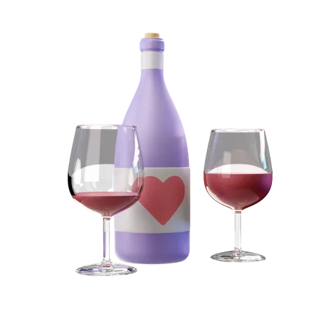 Botella De Vino Tinto Con Un Corazon En La Etiqueta Y Dos Copas De Cristal Medio Llenas 3D Illustration