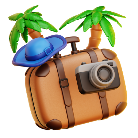 Vintage Suitcase with camera hat and palm tree  3D Icon