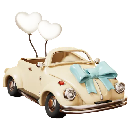 3 D Cute Cartoon Vintage Wedding Car With Heart Balloon And Bow Wedding Wedding Invitation Marrying Ceremony Romantic Concept Groom And Bride 3D Icon