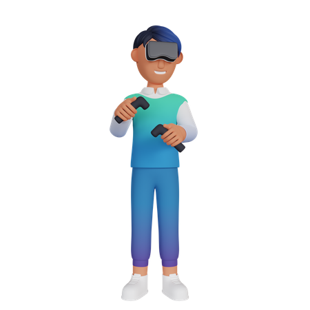 Boy Playing Virtual Reality Game 3D Illustration